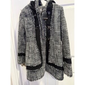GUESS Los Angeles Tweed Hooded Toggle Coat Black‎ White Frayed Trim Mens